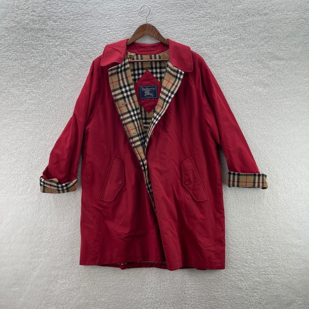 Vintage Burberrys Trench Coat Womens 10R Red Nova Check Lining Designer Luxury